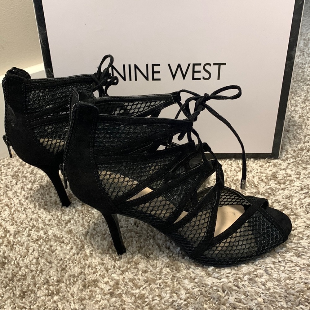 Black cage lace up heels